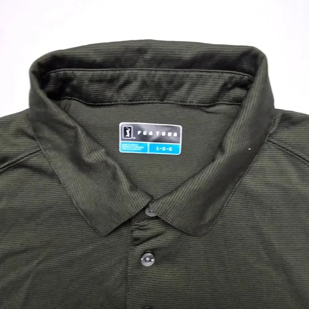 PGA Tour Shirt Long Sleeve Polo Striped Dark Green Mens Large Golf Top - Picture 5 of 8